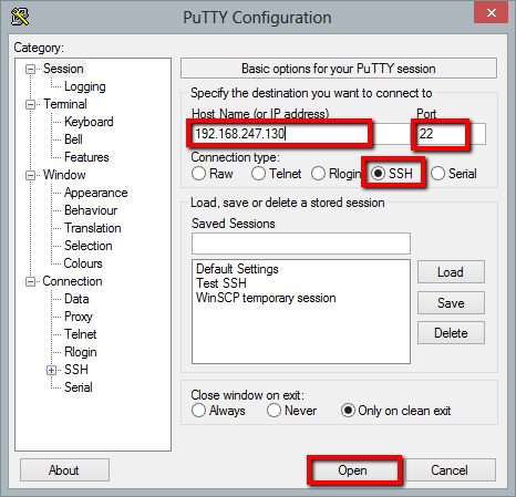 Вікно налаштувань PuTTY з полем для IP-адреси сервера