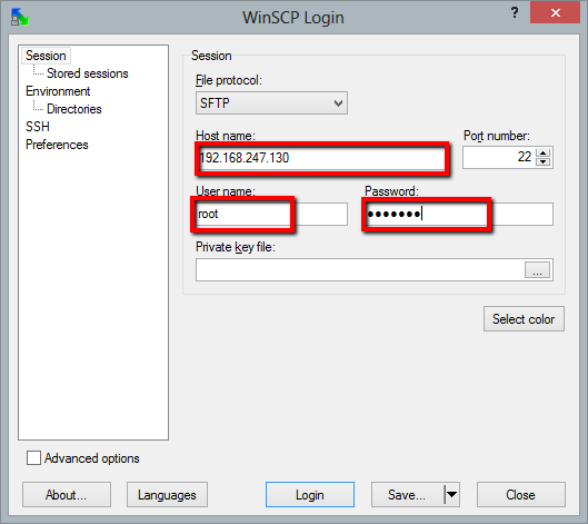Вікно підключення WinSCP